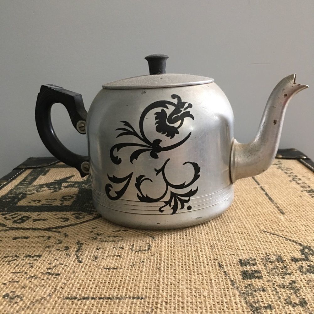 Vintage Metal Teapot  With Art Decals